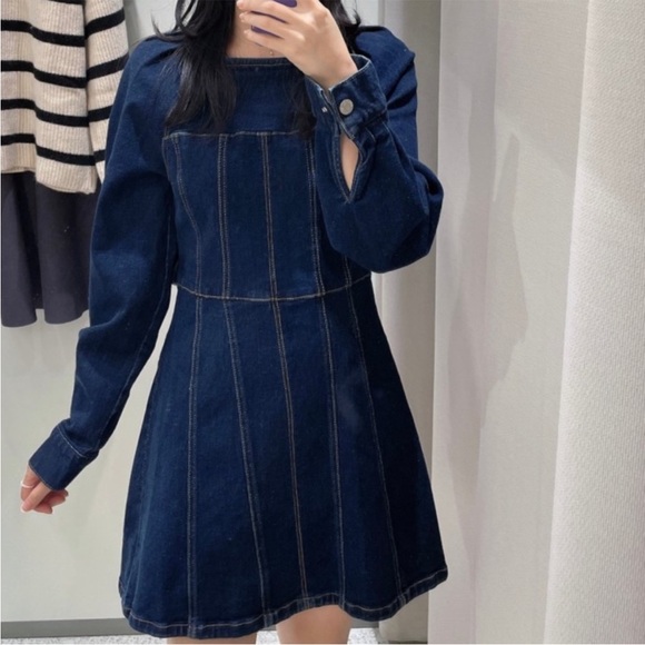 ZARA DARK WASH DENIM LONG SLEEVE MINI DRESS deep‎ indigo fit flare women’s small - Picture 2 of 6